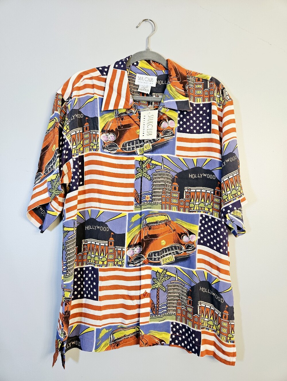 Vintage NWT Silk Club Corvette Shirt Size M American Flag 100% Silk NOS